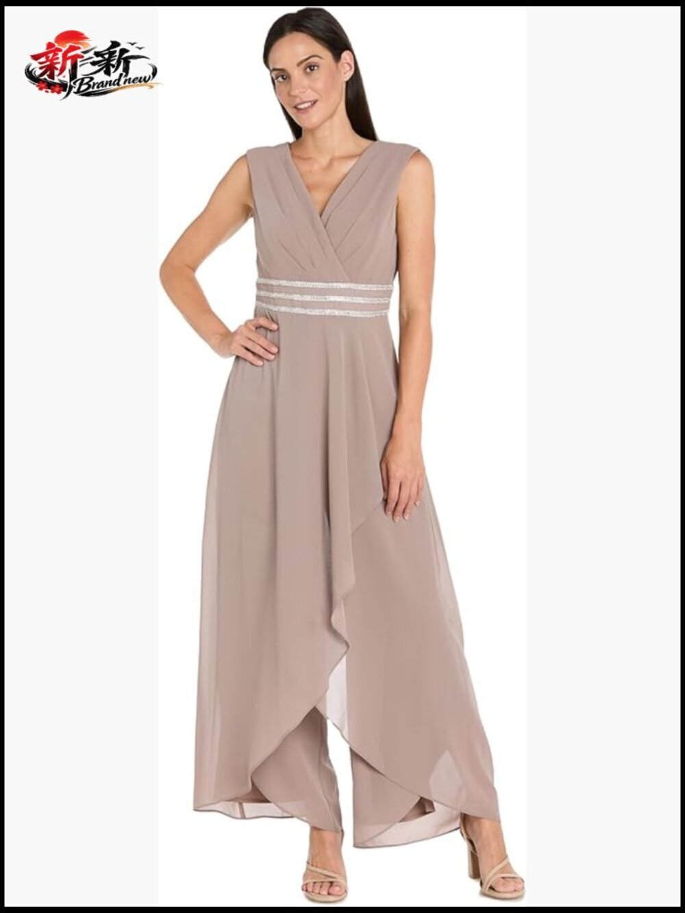 Sleeveless Formal Jumpsuit with Rhinestone Waistband and Chiffon Overlay